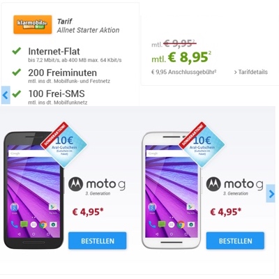 günstiger Handyvertrag mit Motorola moto g 3 Smartphone unter 10 Euro im Monat